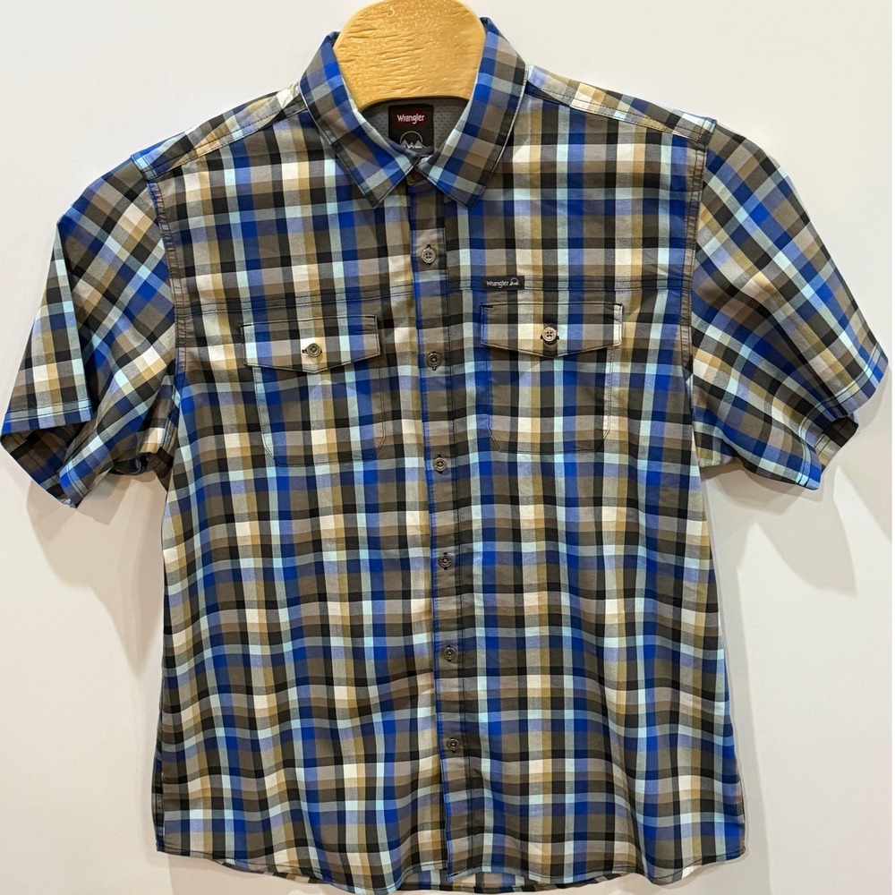 Wrangler Mens Outdoor Plaid Short Sleeve Button Down Shirt Blue Brown XL‎
